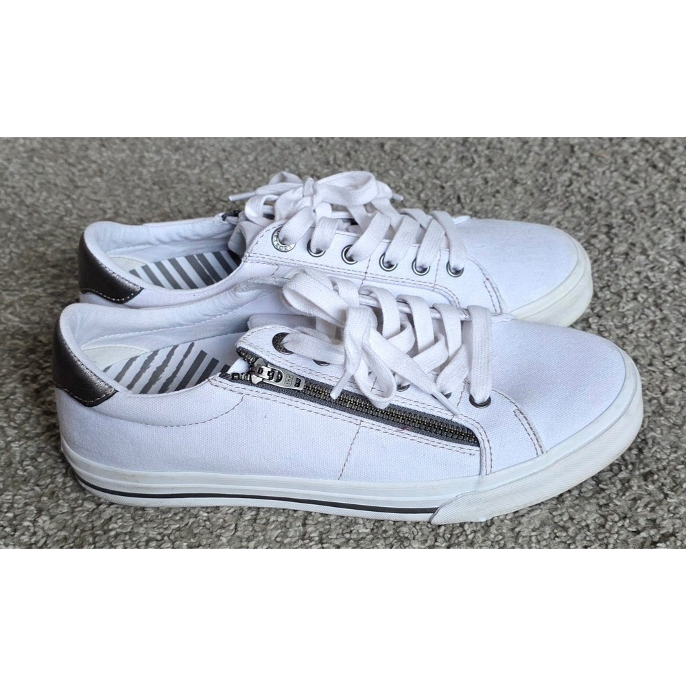 Taos Plim Soul White Canvas Side Zip Lace Up Sneakers Metallic Heel Tab Womens